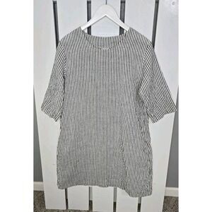 Len Ok Women's Striped Linen Tunic Shirt Dress Black White XL Lagenlook Resort